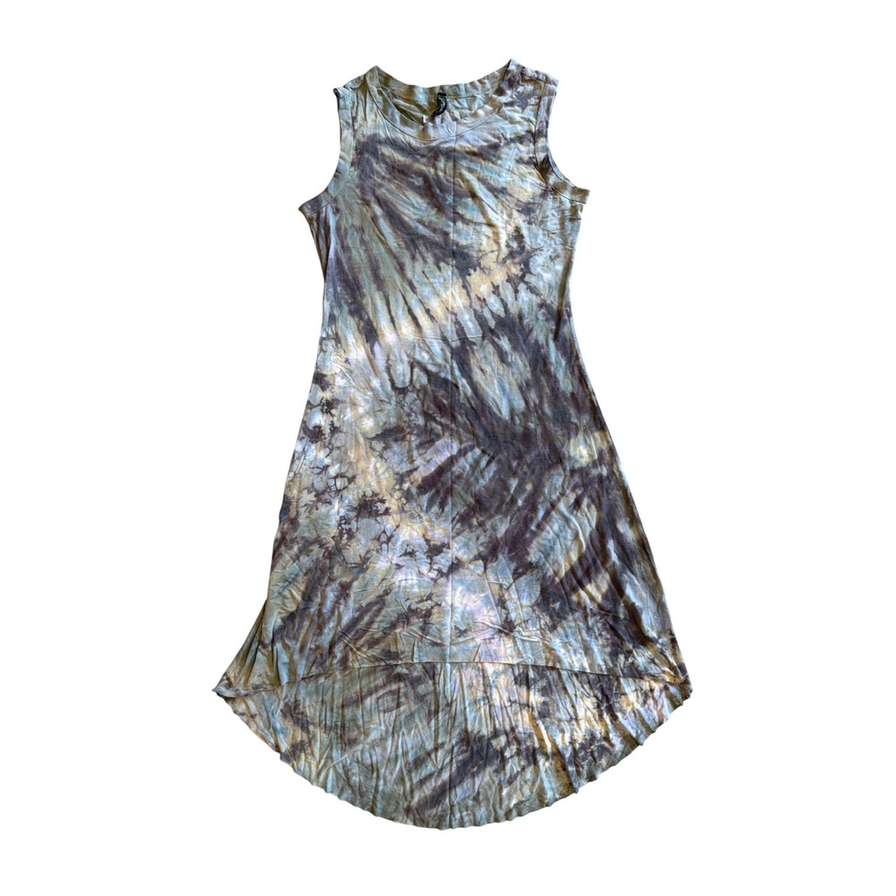 Brightly Twisted Tie Dye High Low Sleeveless Dress Brown Tan Blue ML Made in USA